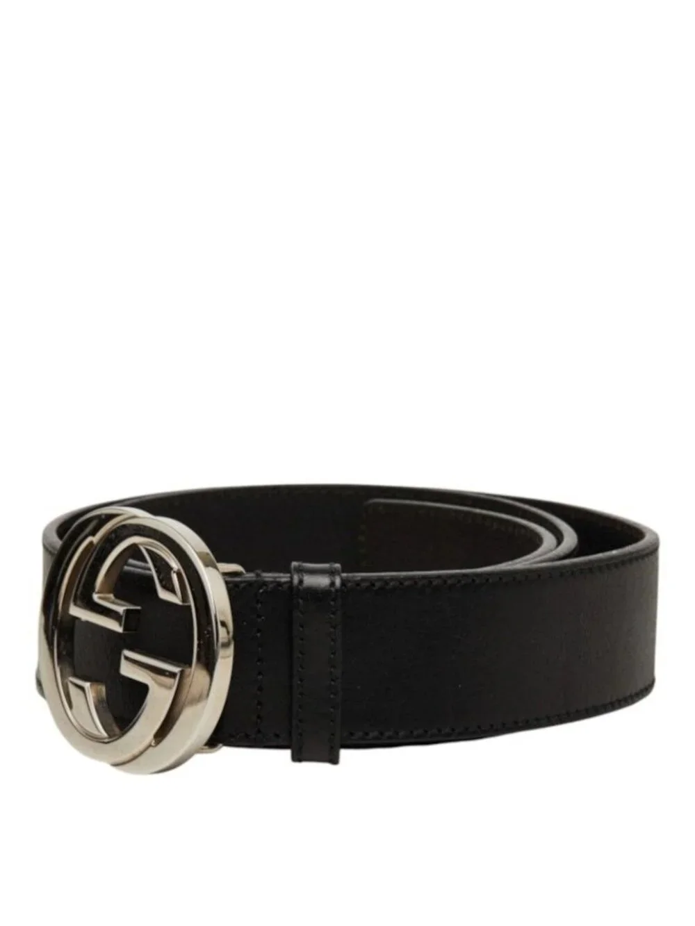 Gucci Interlocking G GG Logo Buckle Belt Black Silver Leather